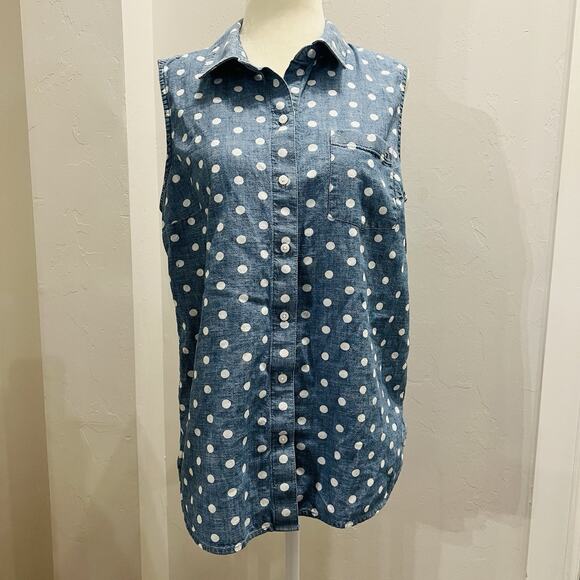 Tommy Hilfiger Chambray Blue Polka Dot Sleeveless Blouse Collar Size M - Picture 1 of 5